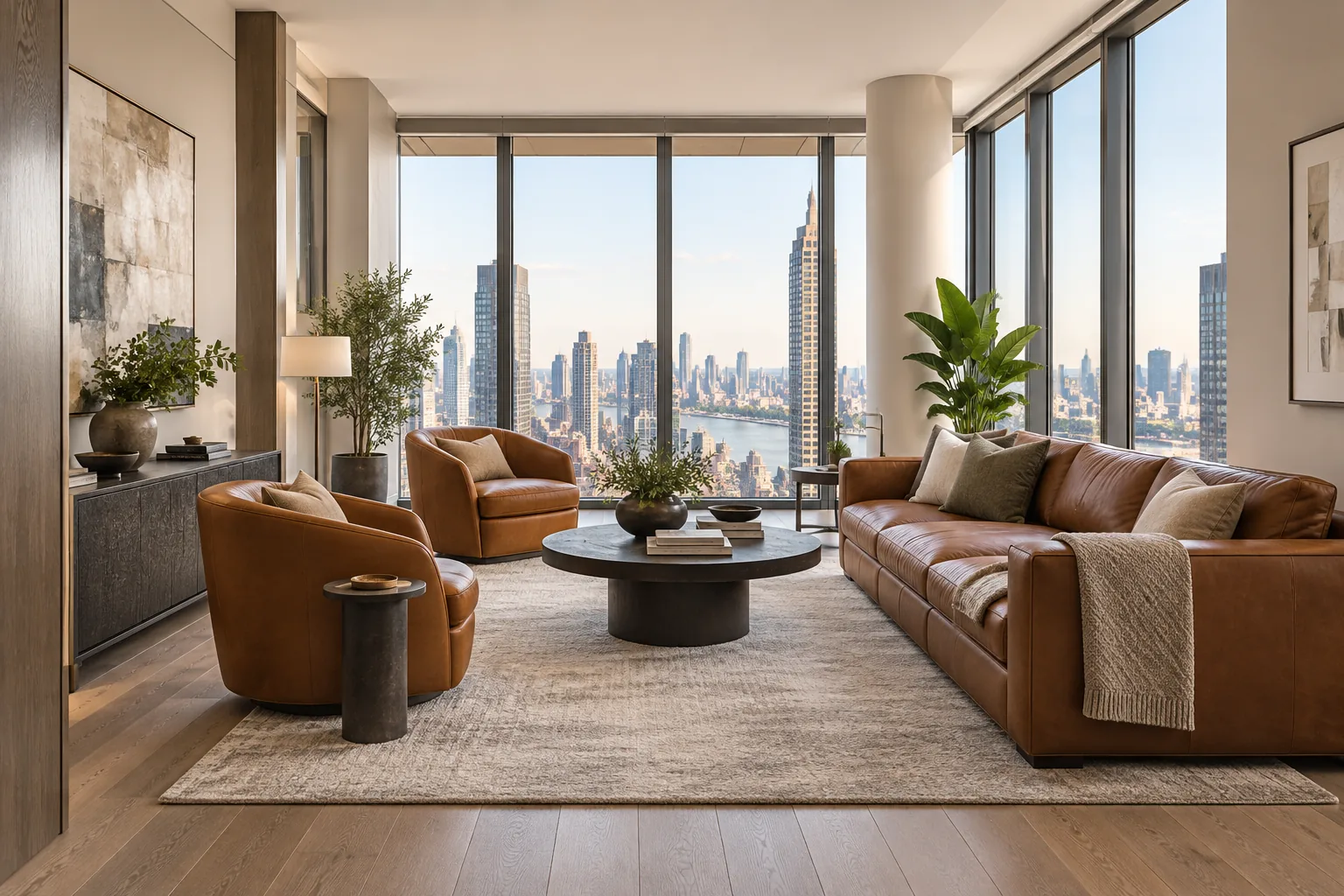 Leather sofa in a luxury residence with a city view