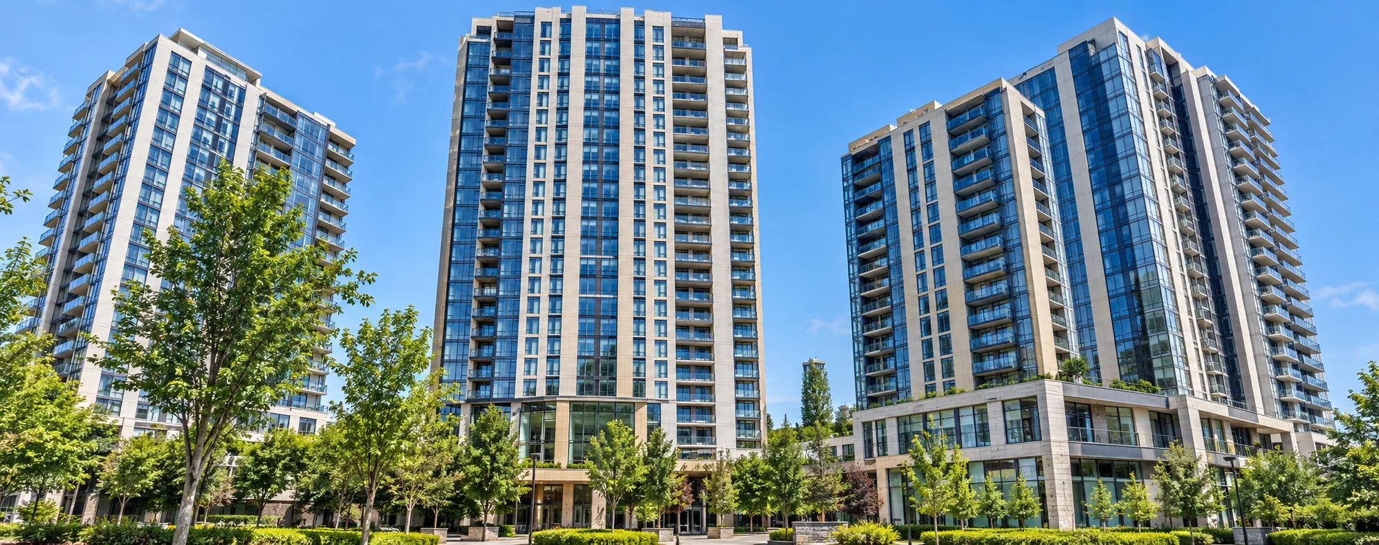 Luxury residential high-rise towers with managed lobby and amenity seating