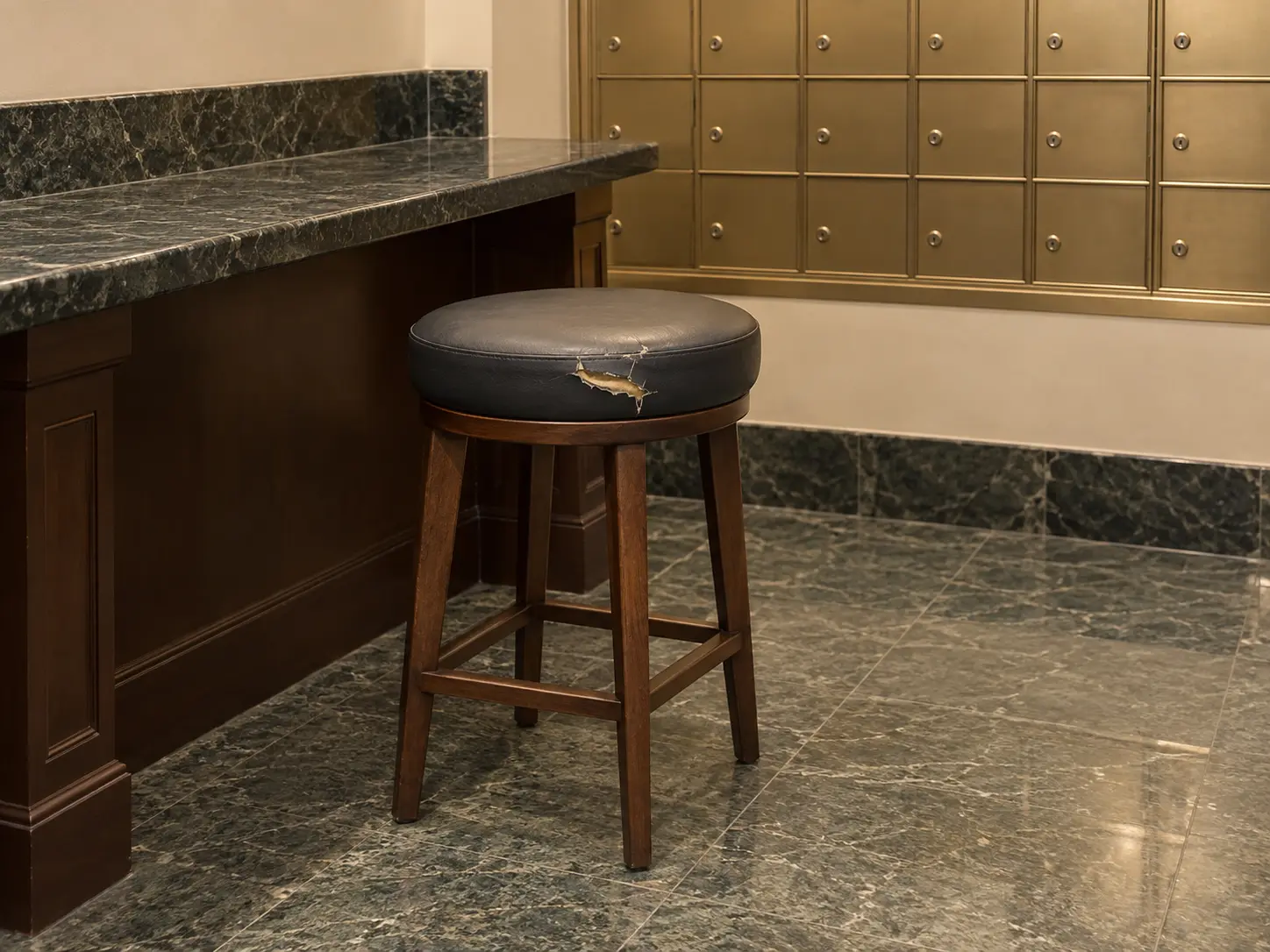 Counter stool with a torn seat, before