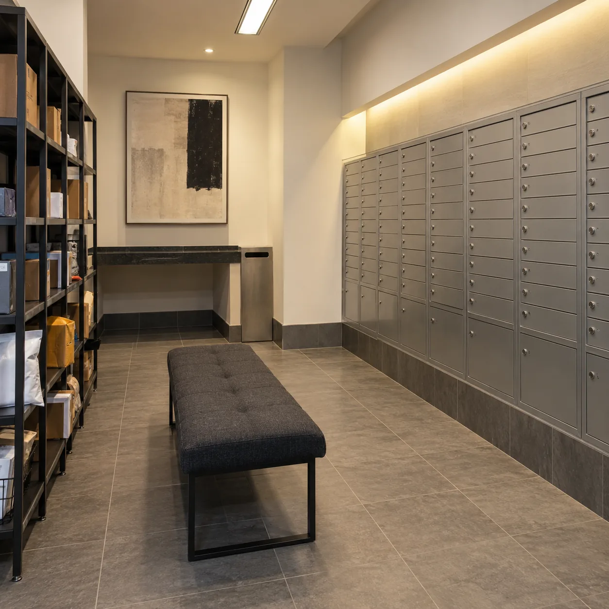 An upholstered bench in a building mailroom