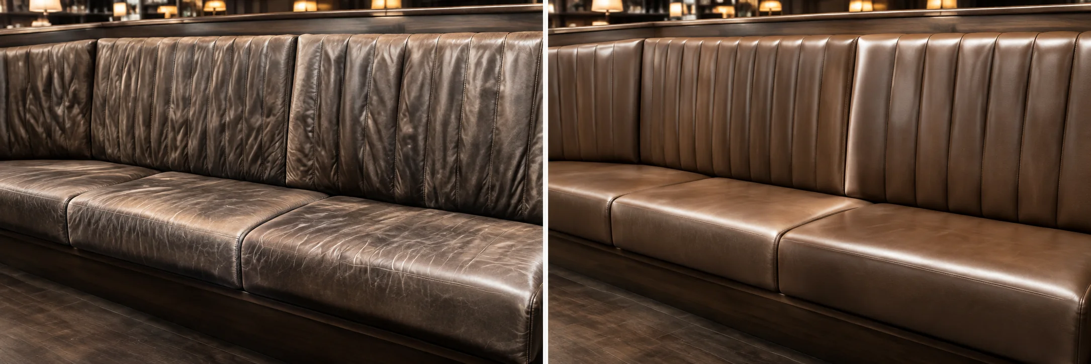 Worn brown leather banquette beside the same banquette after a maintenance refresh