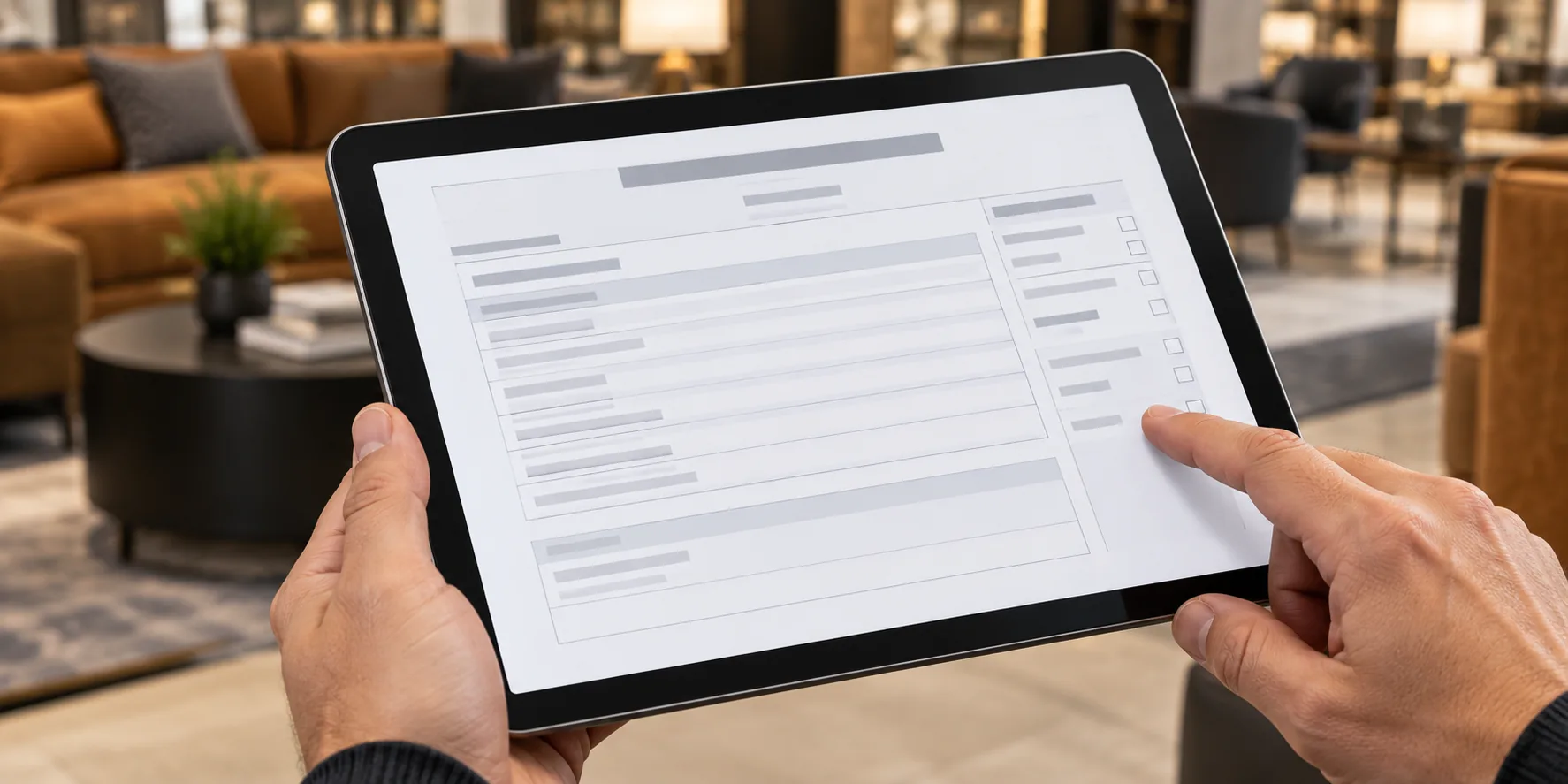 Maintenance report being reviewed on a tablet after a commercial furniture service visit