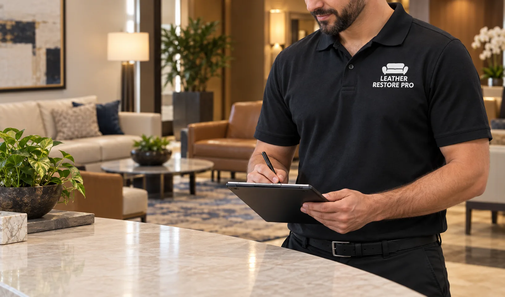 Reviewing furniture locations across a property before starting a maintenance program