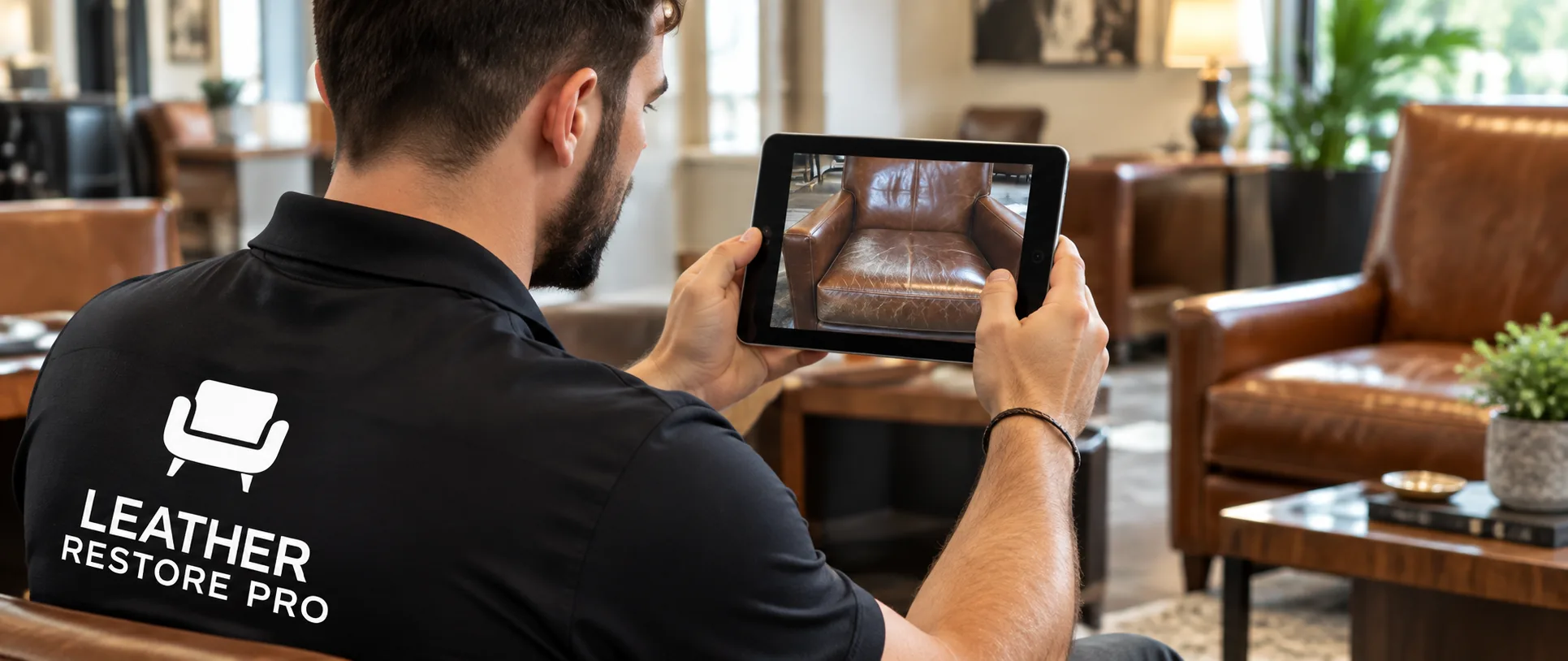 A technician photographing lounge seating on a tablet on arrival