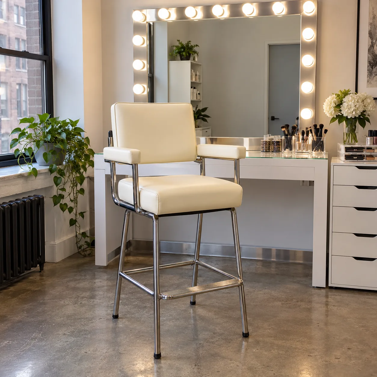 An ivory vinyl makeup chair at a vanity