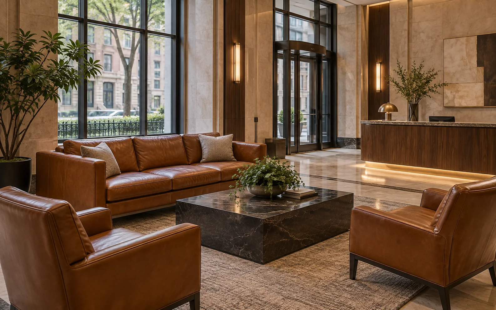 A well-kept residential lobby with leather sofas and lounge chairs