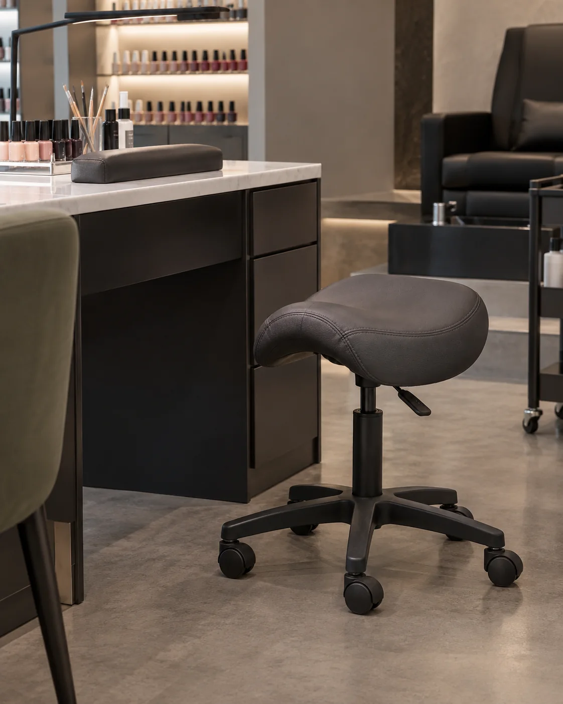 Black saddle stool at a manicure station in a nail salon
