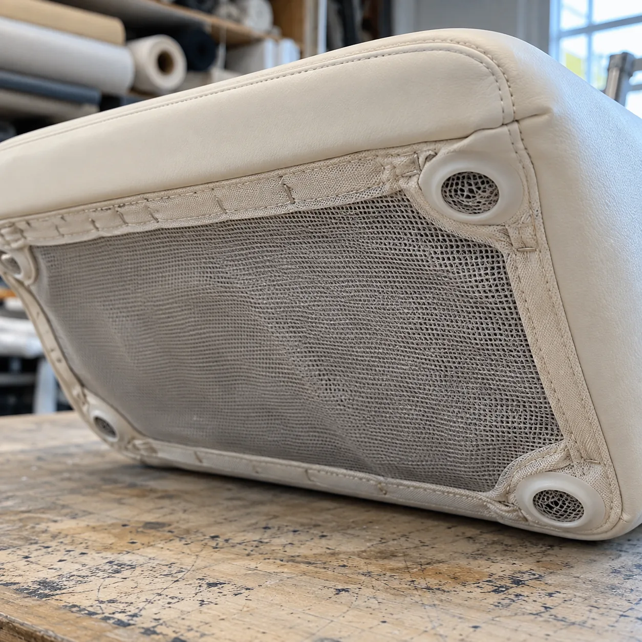 Drainage mesh and vents on the underside of a boat cushion