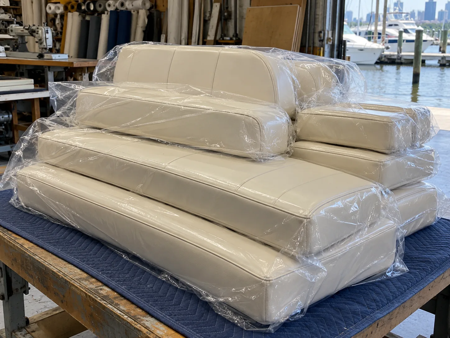 Finished boat cushions stacked and wrapped in the shop