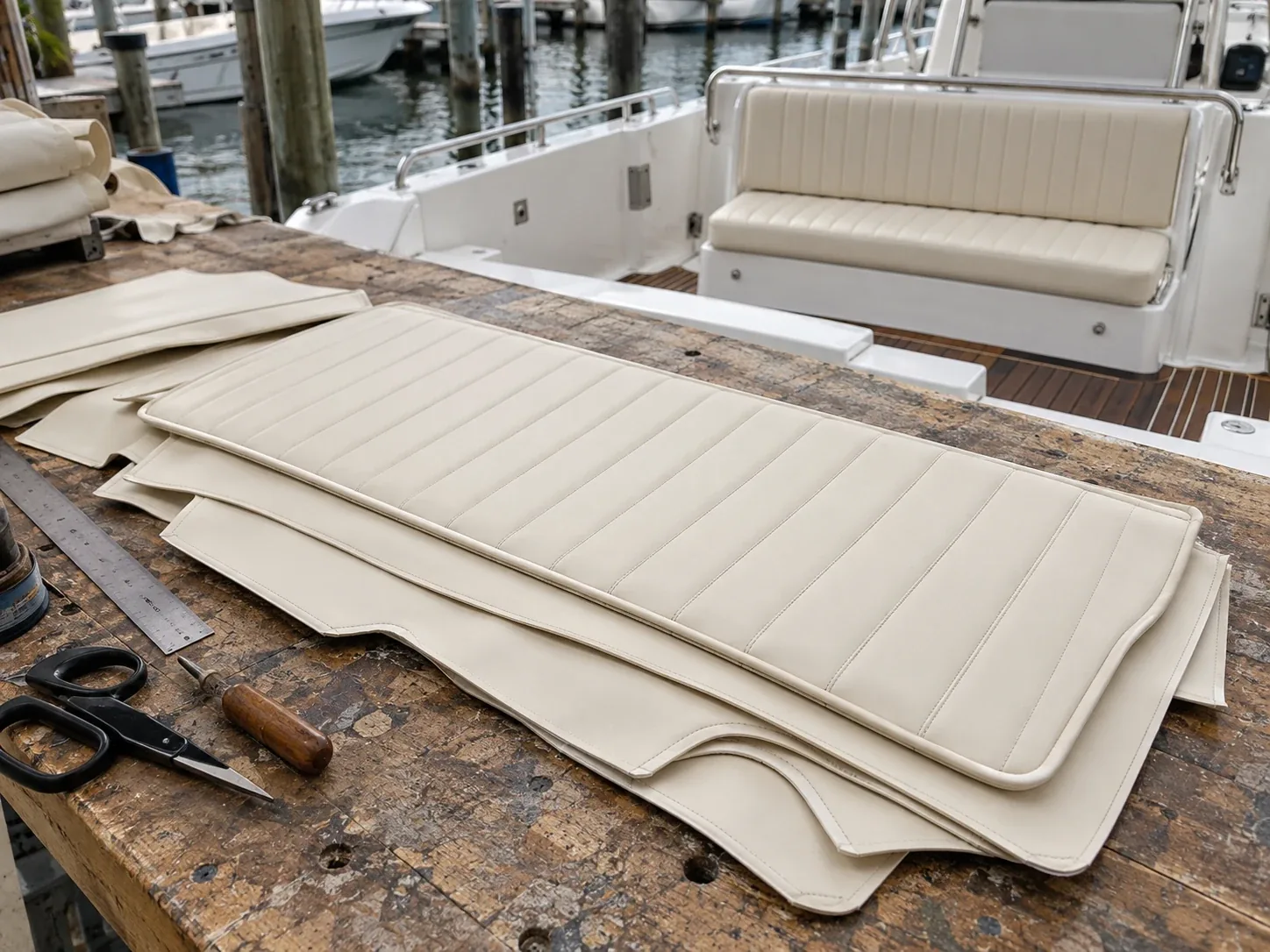 Cut marine vinyl panels stacked in sewing order