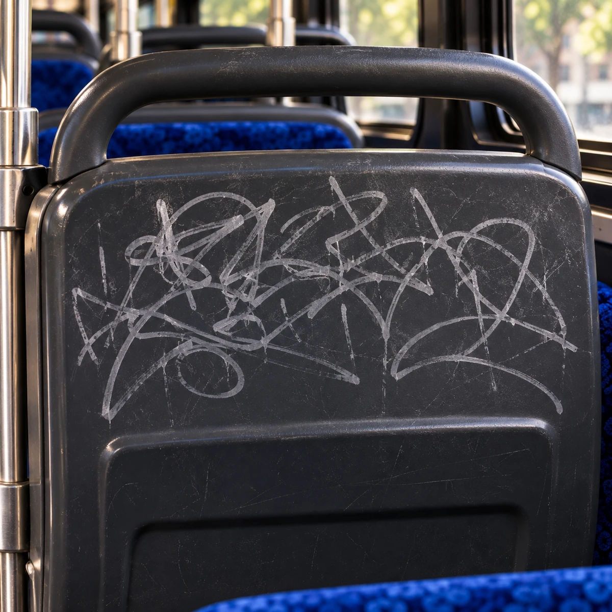 Marker graffiti on the back of a bus seat