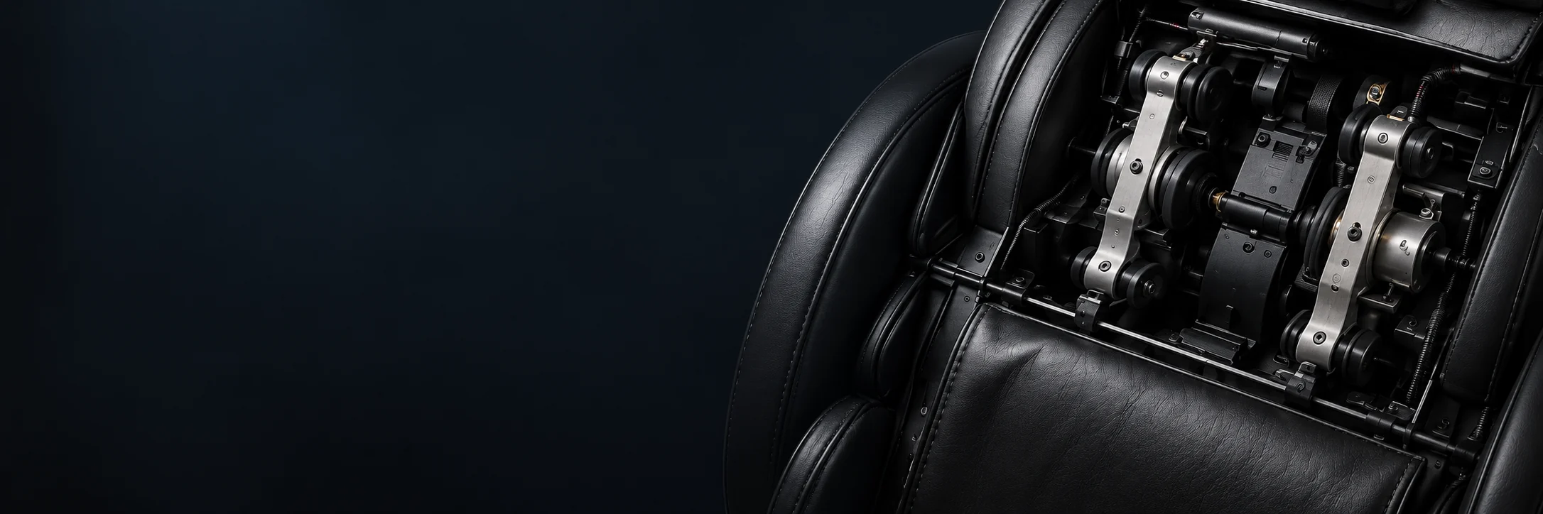 The back panel of a black massage chair opened to show the roller carriage and rails inside