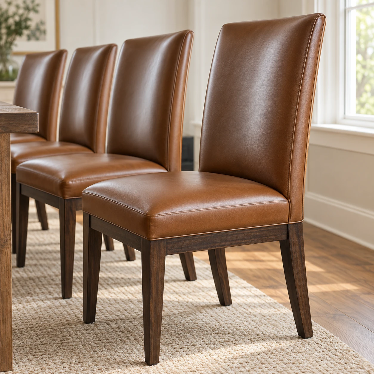 A row of matching leather dining chairs