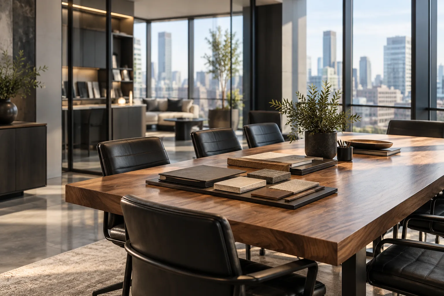 Leather and fabric sample boards laid out on a boardroom table