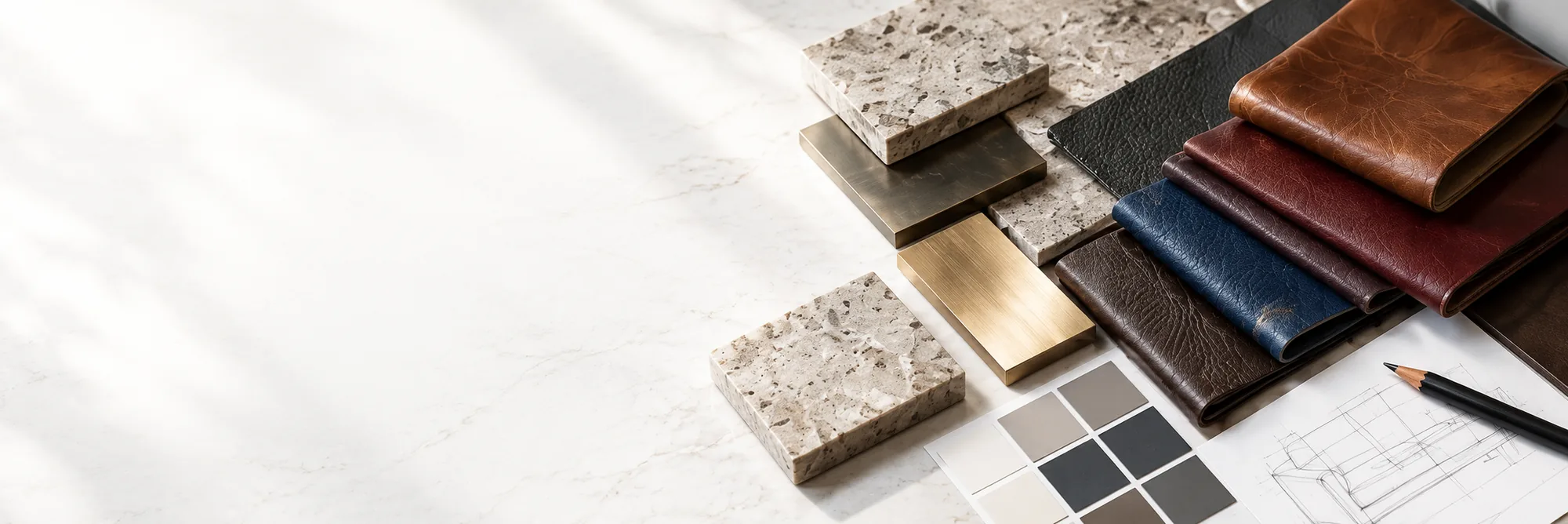 Leather, wood and stone samples laid out