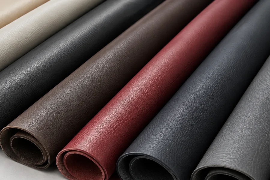 Rolls of upholstery leather stacked for material sourcing