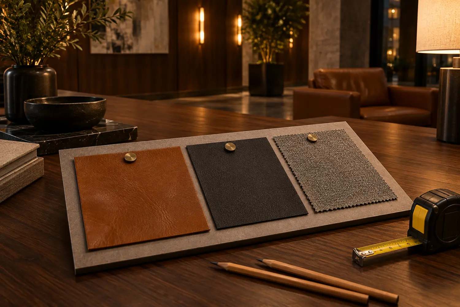 A specification board with leather, vinyl and fabric samples laid out for a refurbishment program
