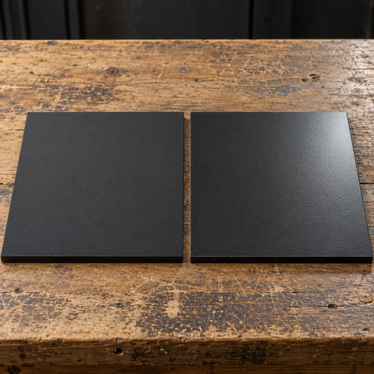 Matte and satin topcoat samples side by side