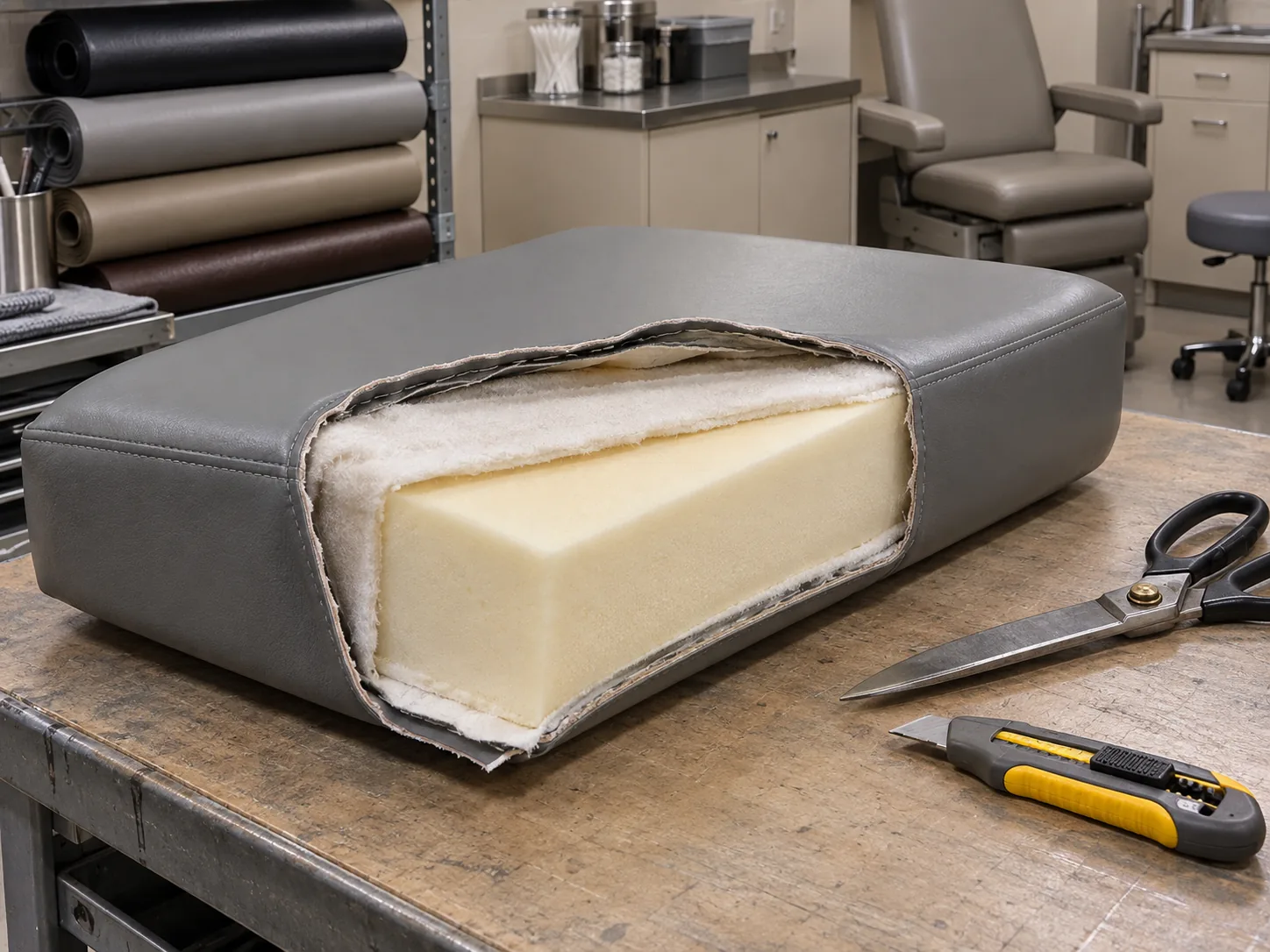 The foam and cover layers of a medical chair cushion