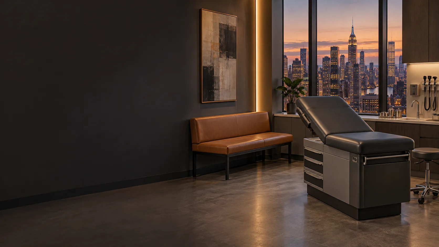 An exam room at dusk with a cognac bench and an exam table by the window