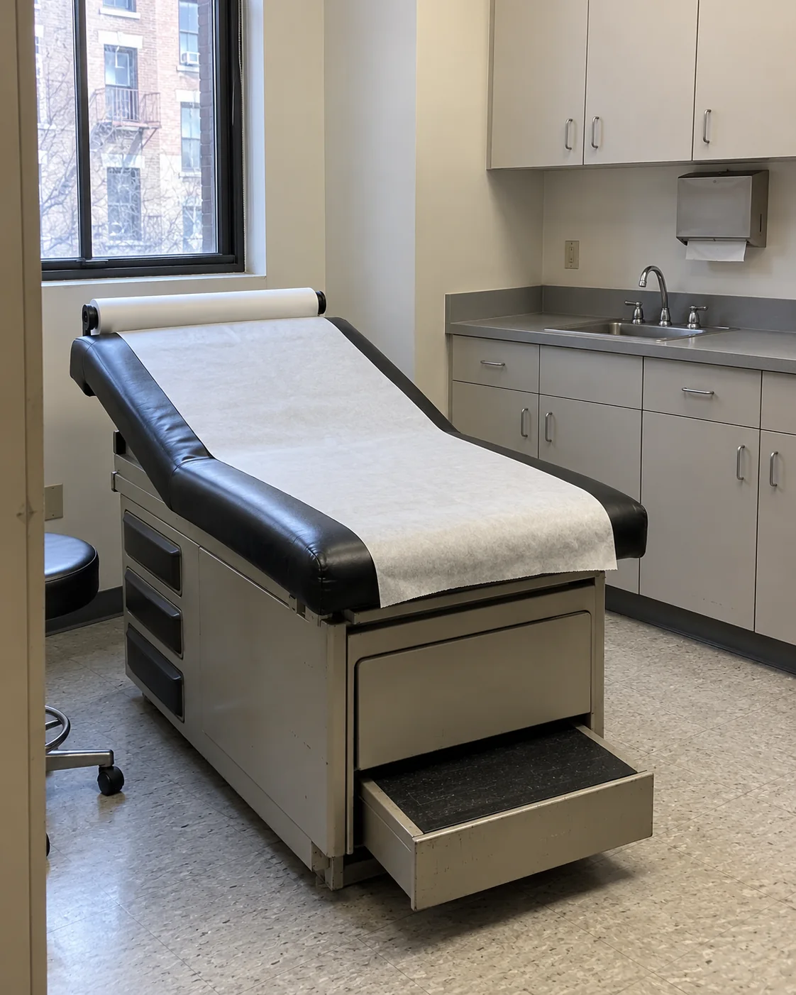 A black vinyl exam table with a pull-out step in an empty exam room