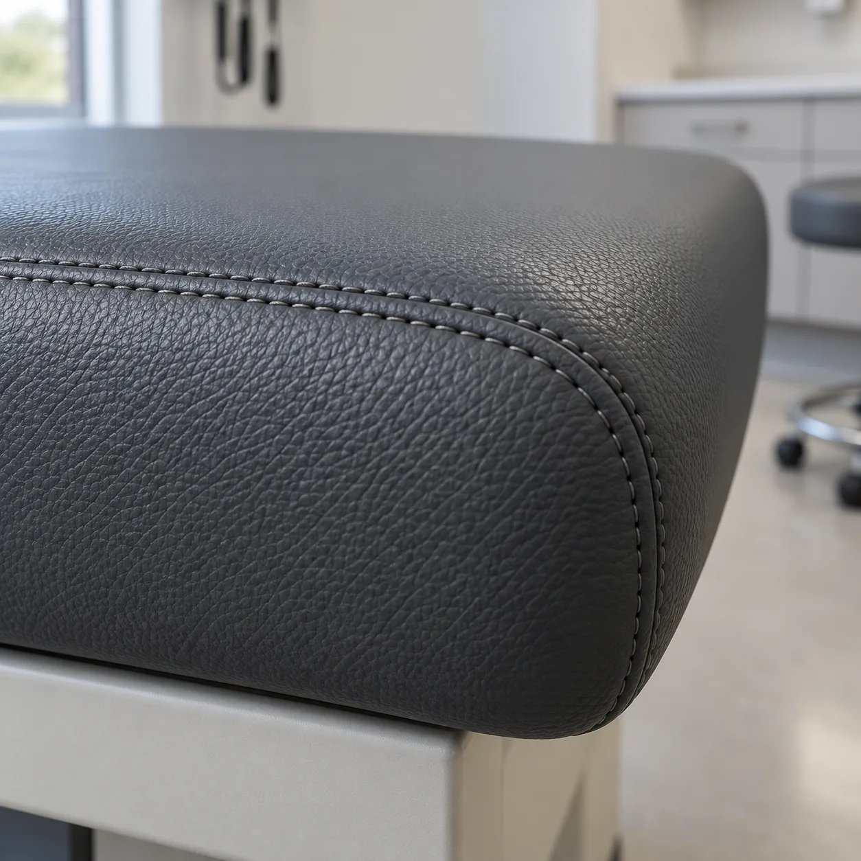 Charcoal medical-grade vinyl with a stitched edge on a treatment pad