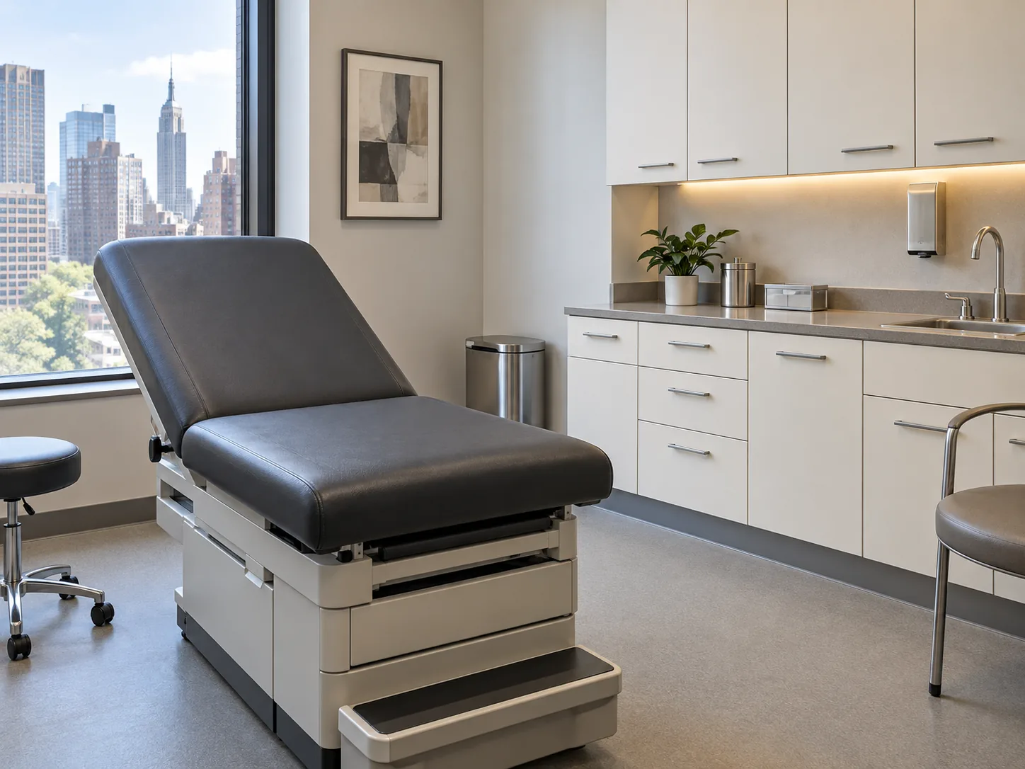A medical office exam room with a charcoal exam table and a Manhattan skyline window