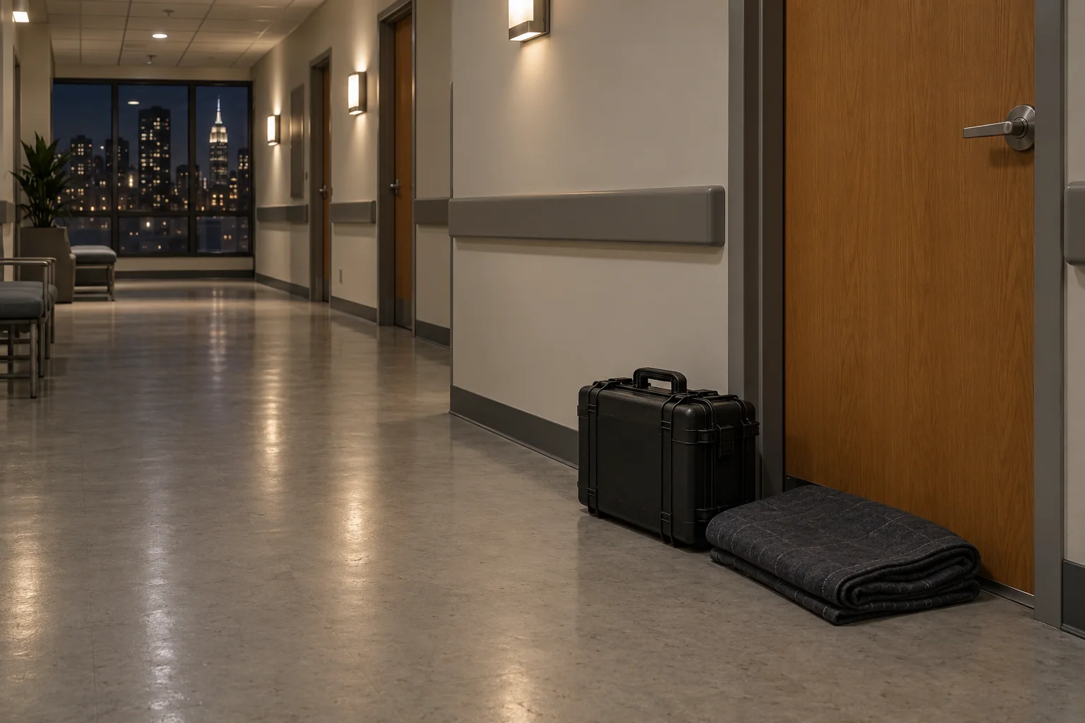 An empty medical office hallway after hours with a closed repair case and a folded drop cloth by an exam room door