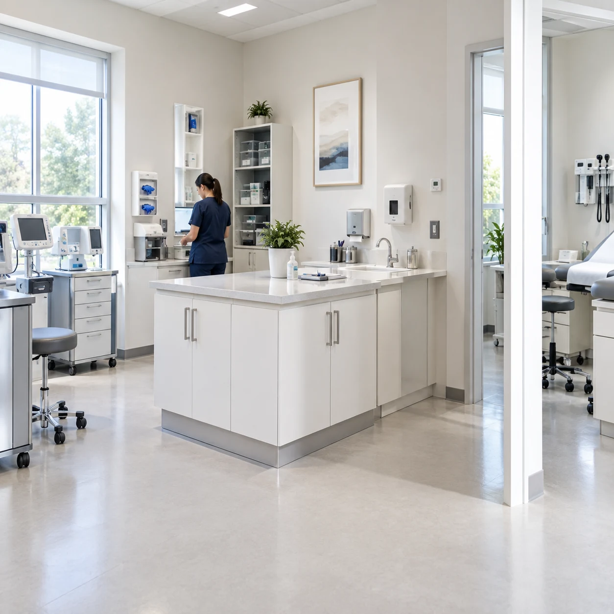 Medical office back area with cabinetry, stools and an exam room beyond