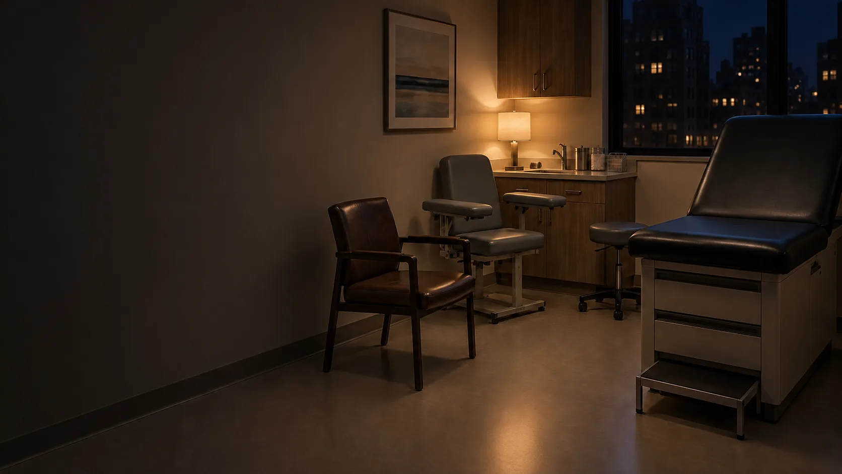 An empty medical exam room at night with the exam table and chairs recovered