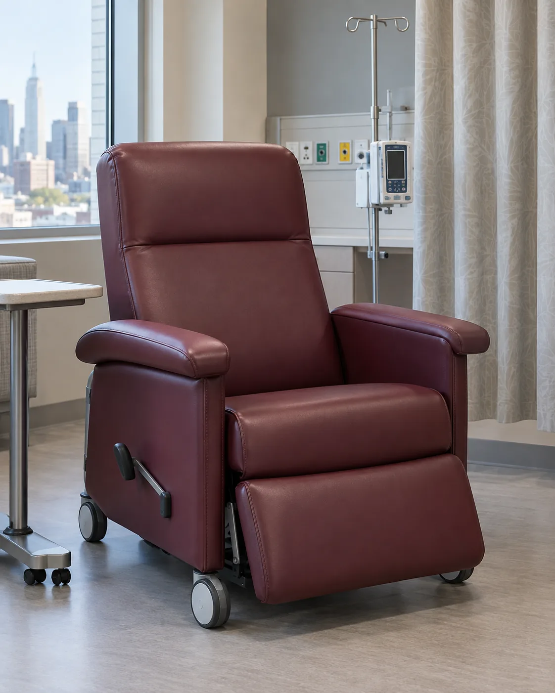A burgundy vinyl medical recliner on casters in a treatment bay