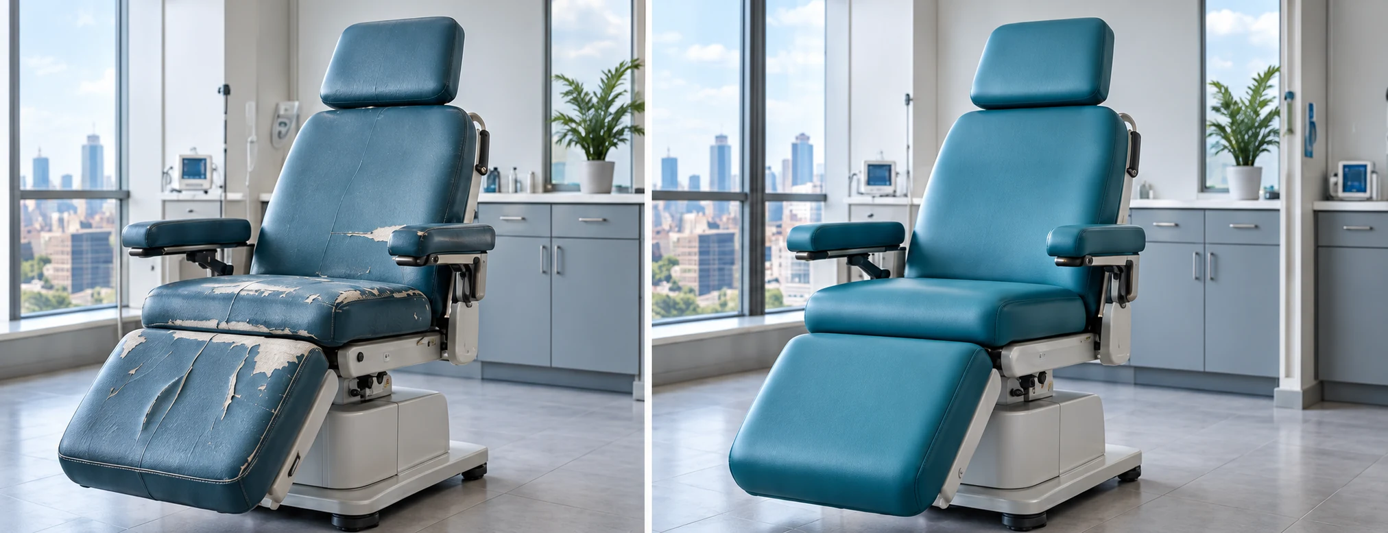 Medical treatment chair before and after vinyl reupholstery