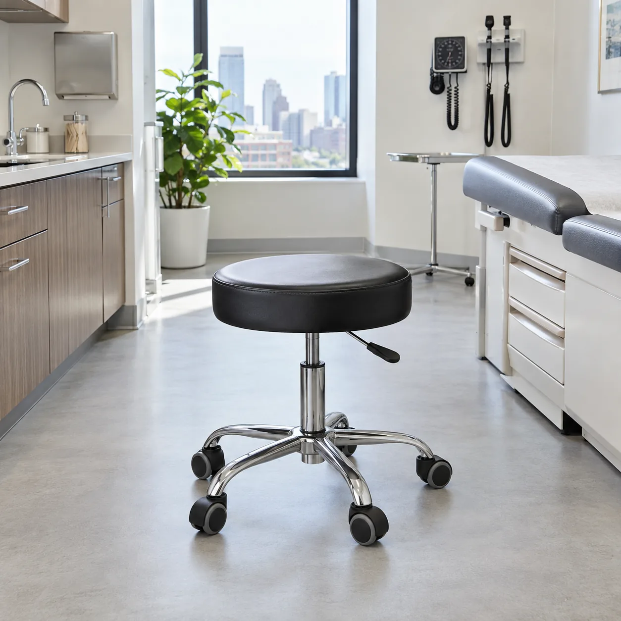 A black round treatment stool on chrome casters in an exam room
