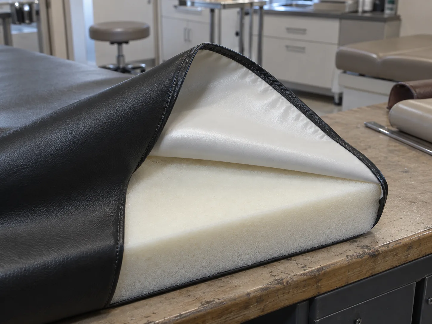 The edge of a medical cover turned back to show its fluid barrier backing