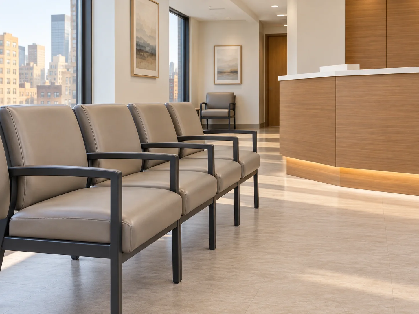 The waiting room reset after the repair, taupe chairs back in their row in morning light