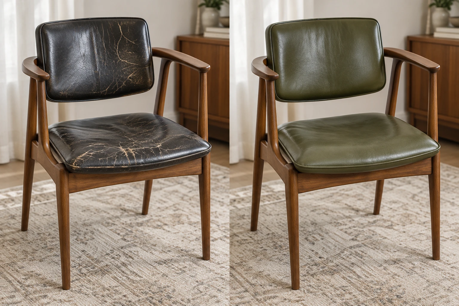 Mid-century dining armchair in cracked dark leather, after being recovered in olive leather