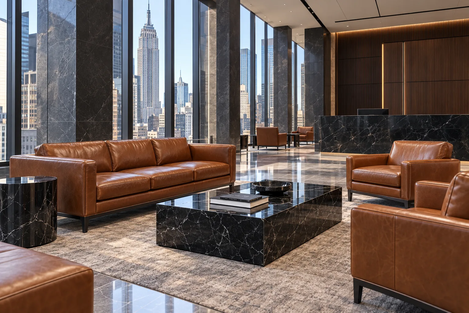 Cognac leather seating in an office lobby
