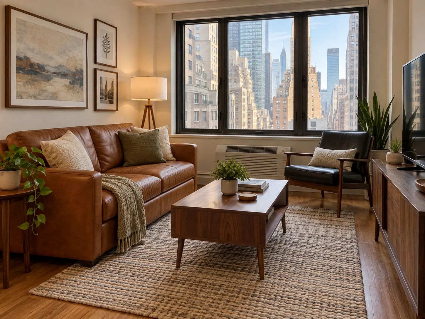 Compact apartment living room with a leather sofa