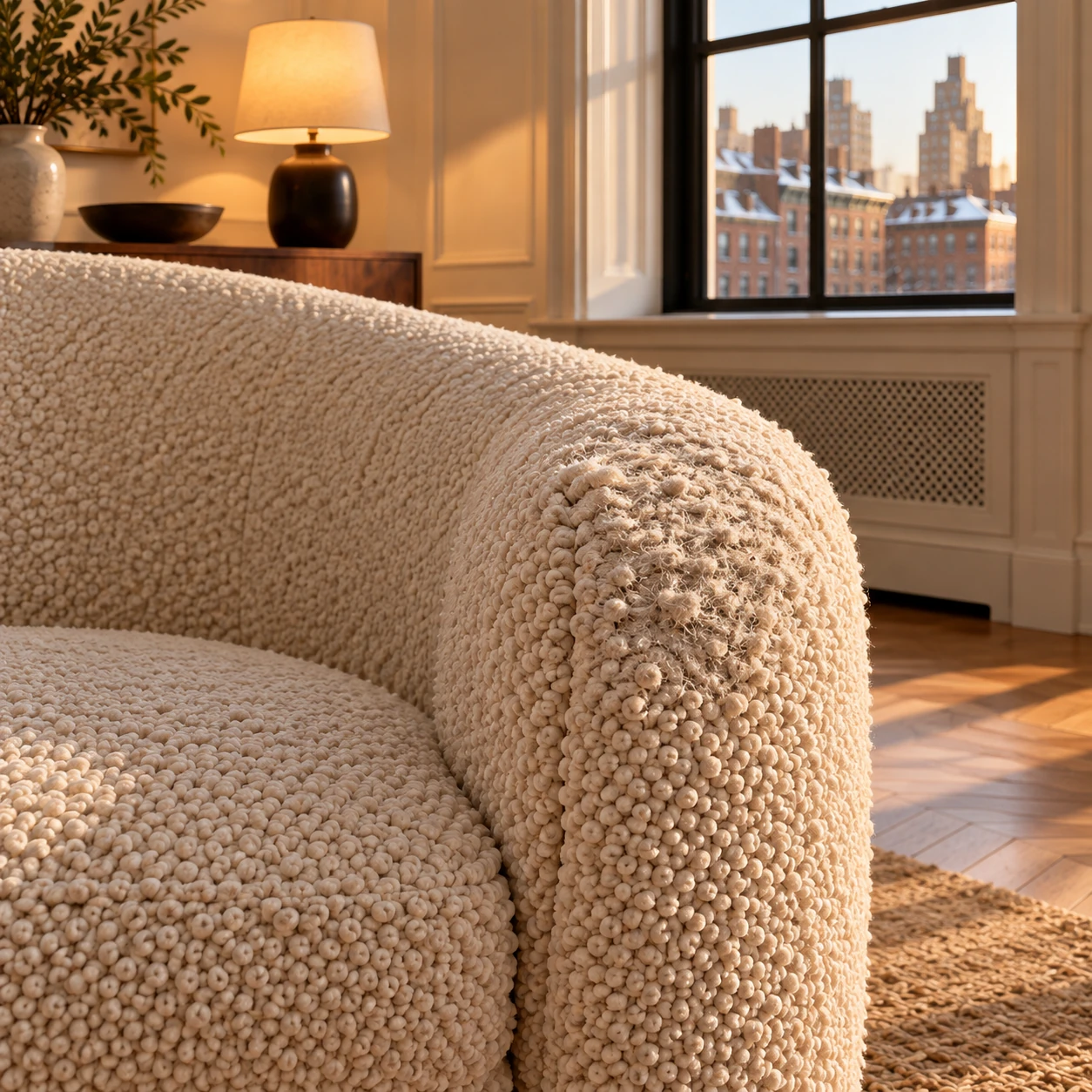 Flattened, pilled loops on a boucle accent chair arm