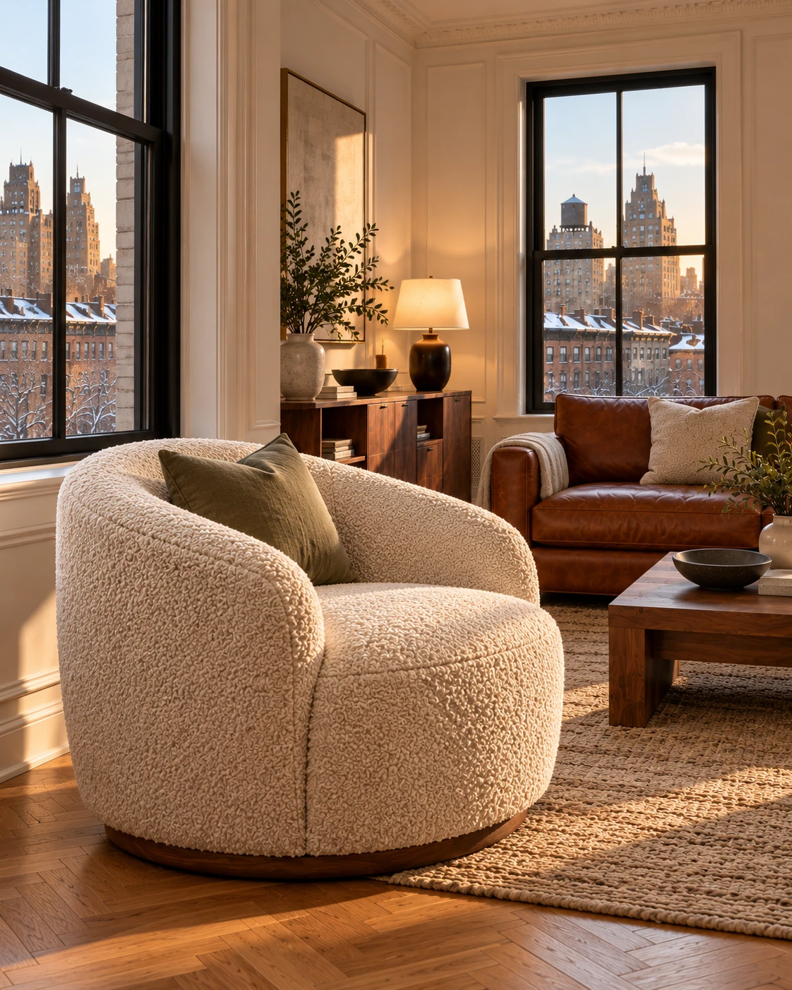 A cream boucle accent chair by the window