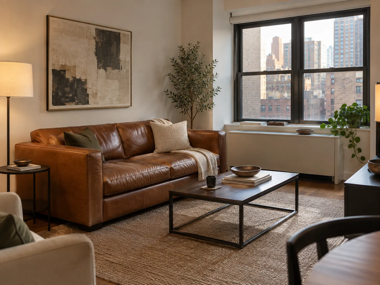 A leather sofa staged in a model apartment