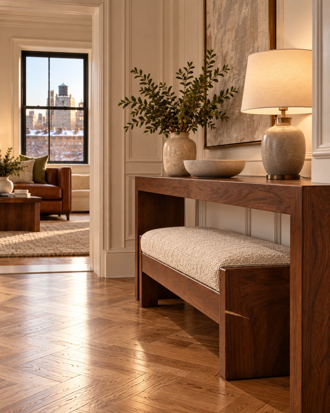 A walnut console with an upholstered bench beneath it