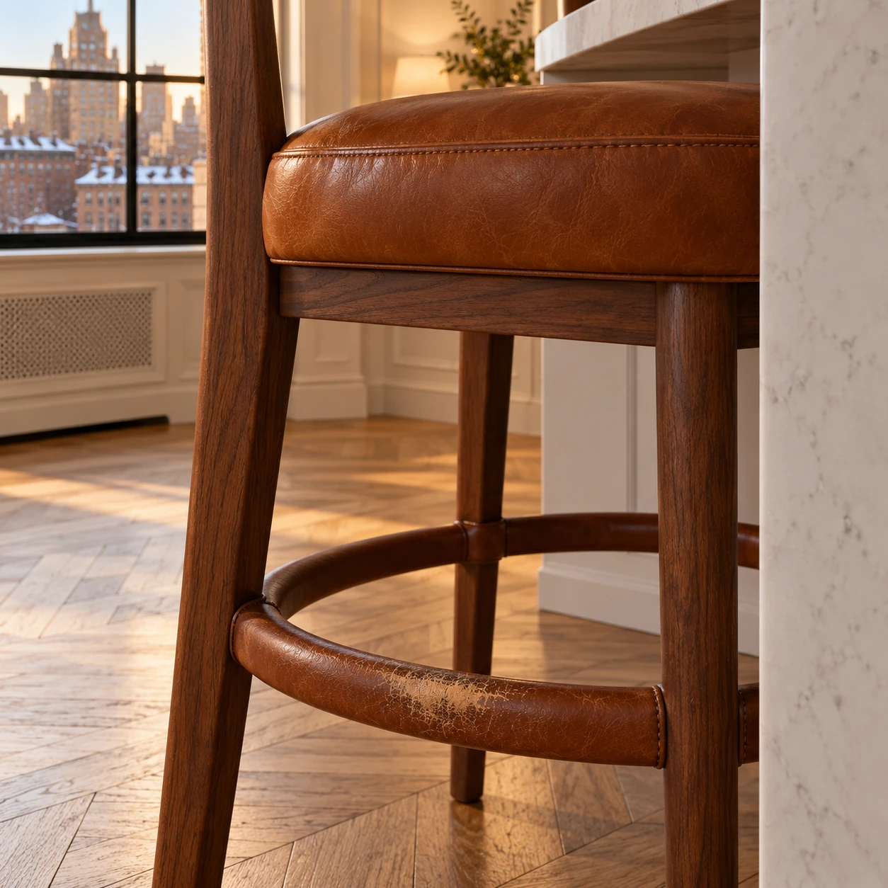 The leather footring of a bar stool rubbed through