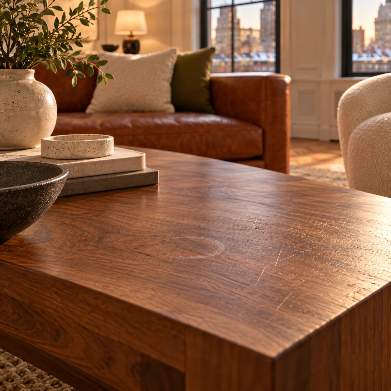 Key scratches and a water ring on a walnut coffee table top
