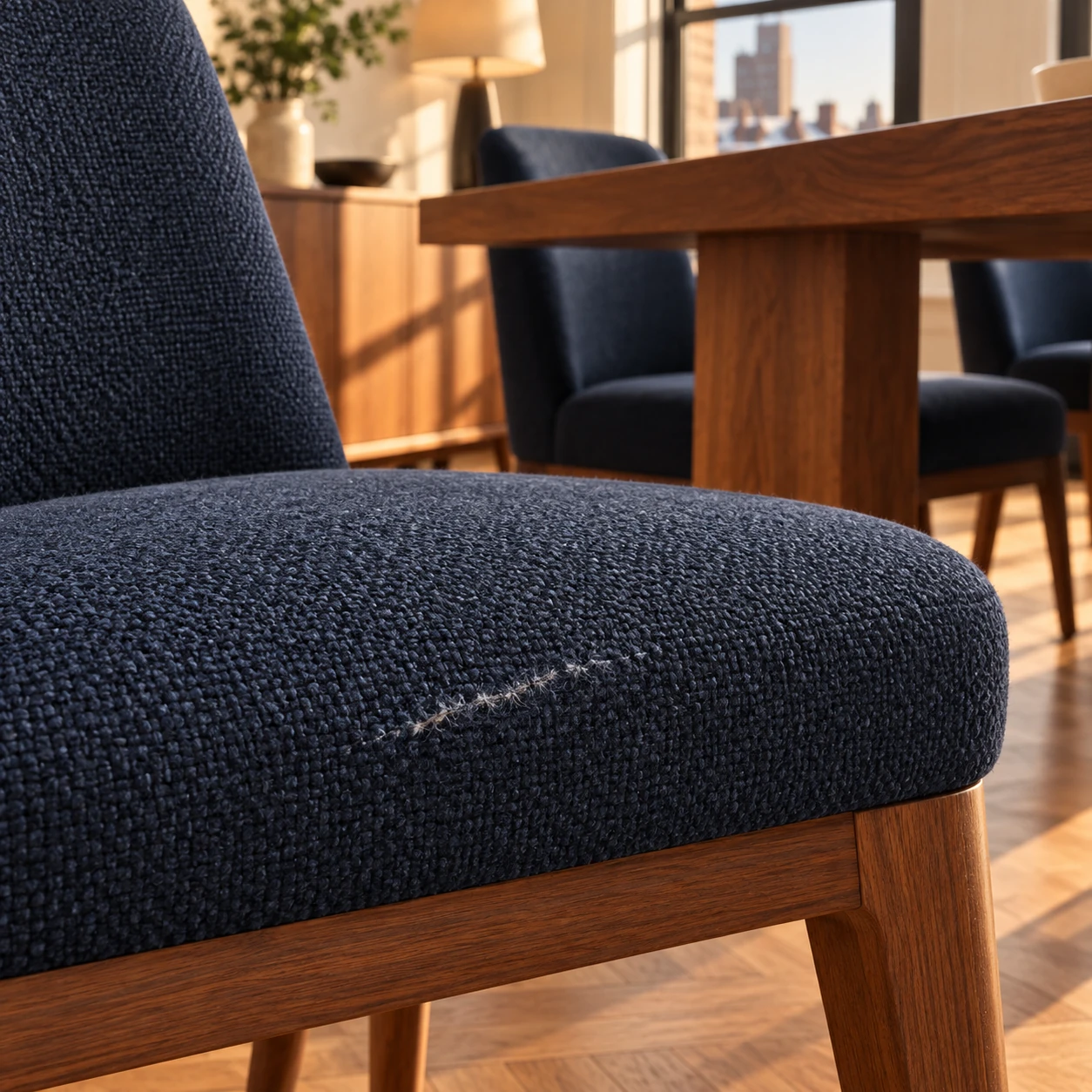 A fuzzed scrape across a navy dining chair seat