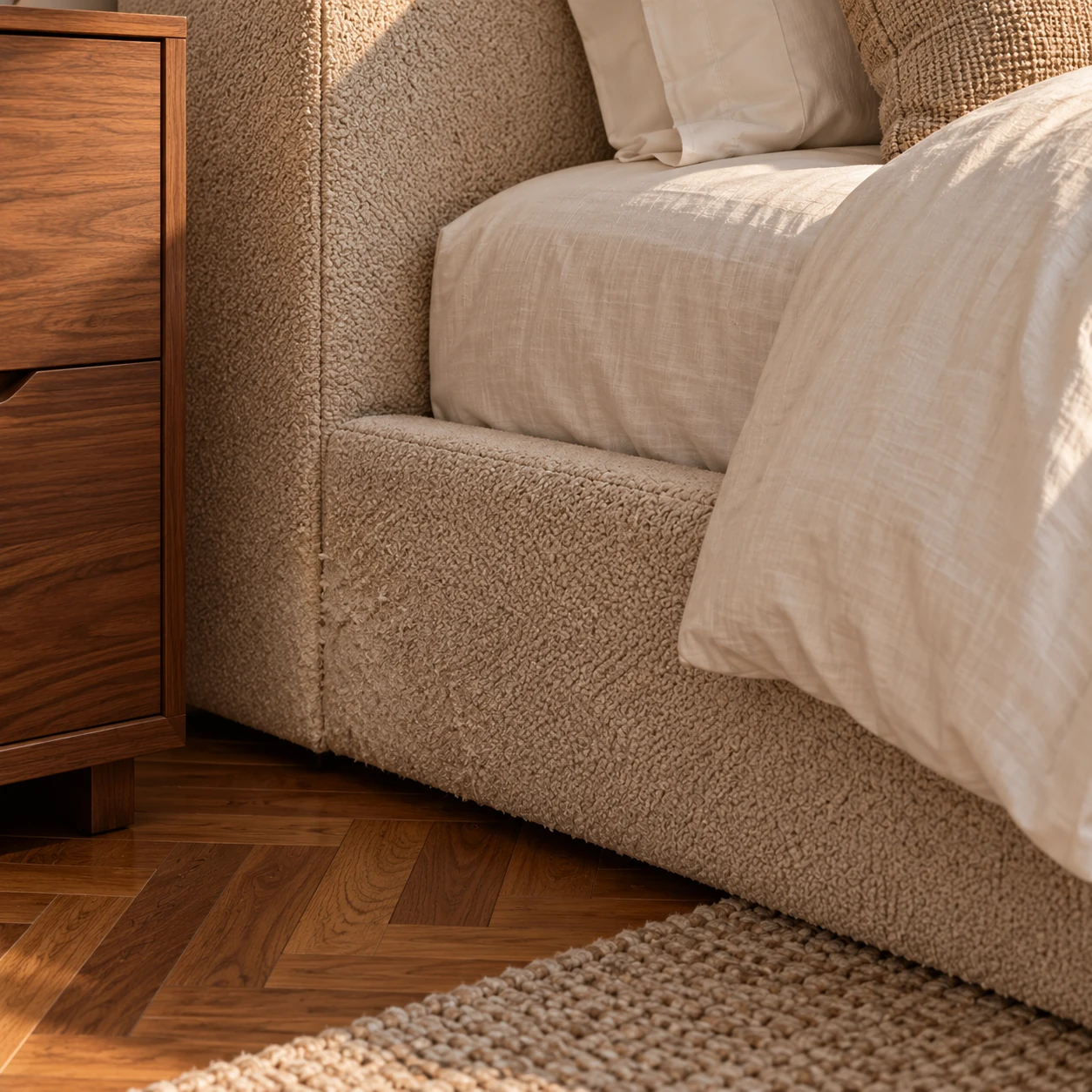 The bottom corner of an upholstered headboard rubbed pale
