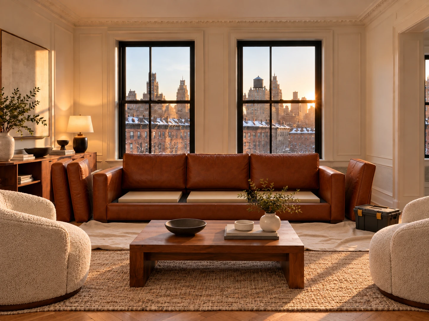 Seat cushions stood on end beside a sofa frame