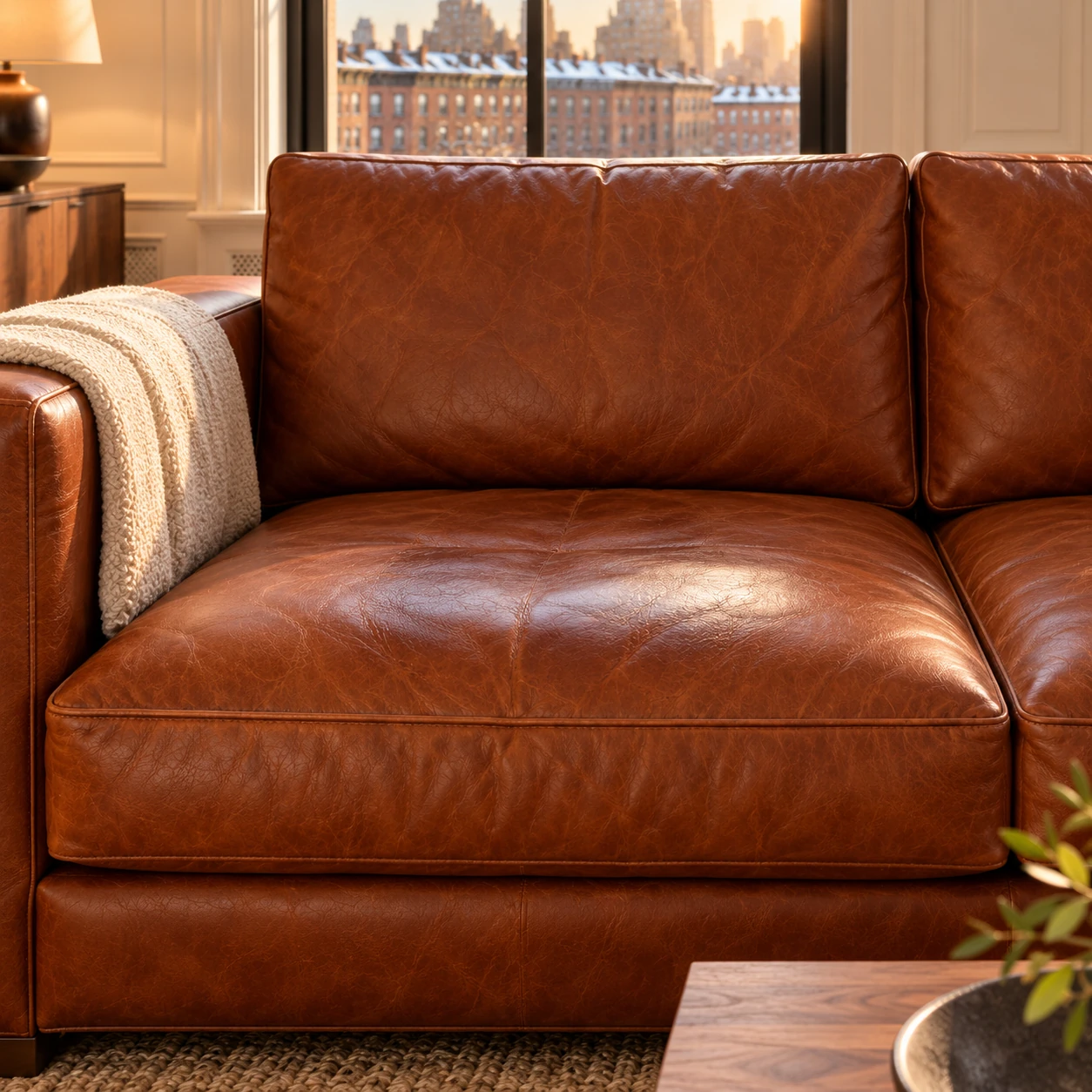 Leather sofa seat checked from above in daylight