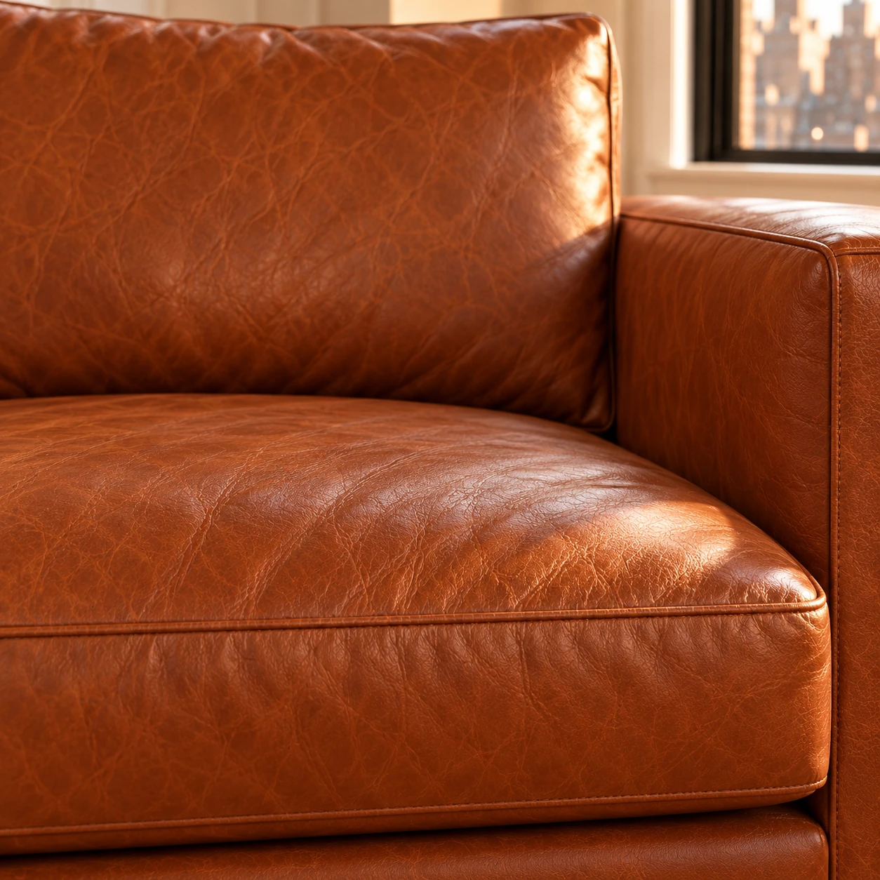 Macro of cognac leather grain on a staged sofa