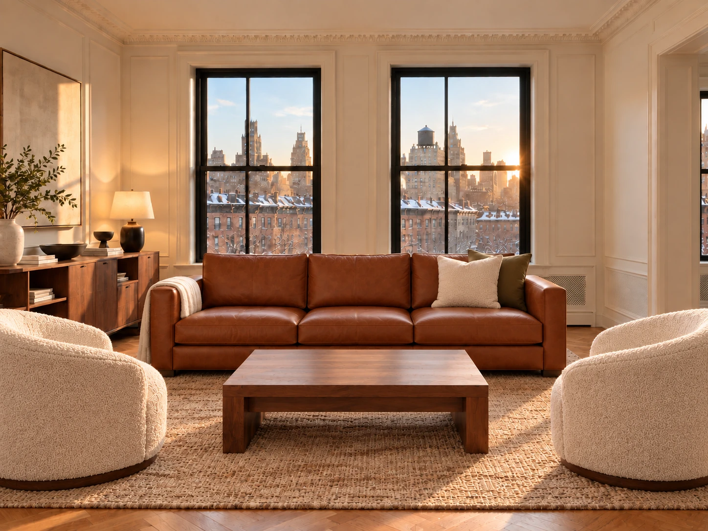 A model unit living room restaged with the lamps back on